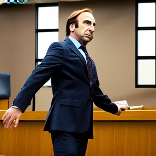 Image similar to saul goodman doing t - pose in courtroom to intimidate prosector