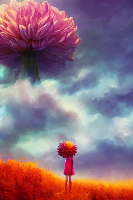 Image similar to closeup perspective, giant dahlia flower as head, girl standing on mountain, surreal photography, blue storm clouds, dramatic light, impressionist painting, digital painting, artstation, simon stalenhag