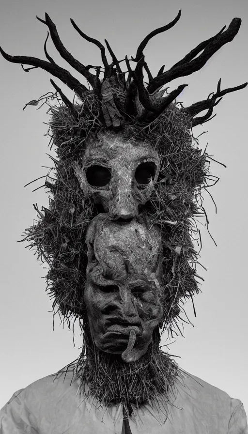 Prompt: portrait of a tyrolean folklore mask, wearing hay coat, with horns, eerie, flowers growing out of his body, detailed intricate insanely detailed octane render, 8k artistic 1920s photography, black and white, grainy, photorealistic, chiaroscuro, by David Cronenberg, Raphael, Caravaggio