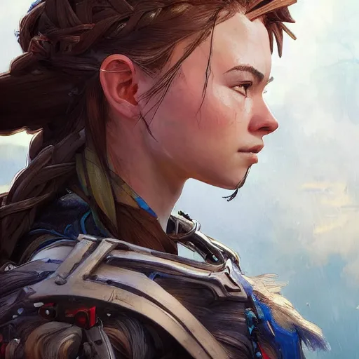 Image similar to Aloy from Horizon: Zero Dawn, side view portrait, strong woman, videogame character, highly detailed, digital painting, artstation, concept art, smooth, sharp focus, beautiful face, expressive eyes, illustration, art by Artgerm and greg rutkowski and alphonse mucha