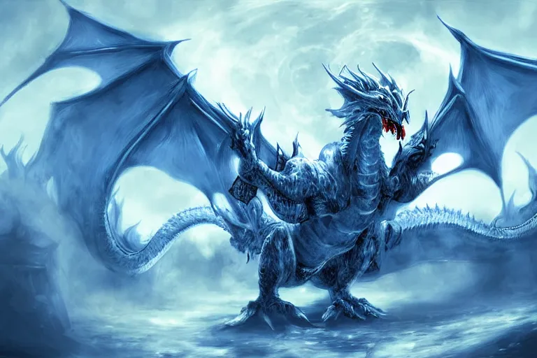 Prompt: an screaming blue and white dragon wearing armor, digital art, moonlight, blue mist, blue smoke,