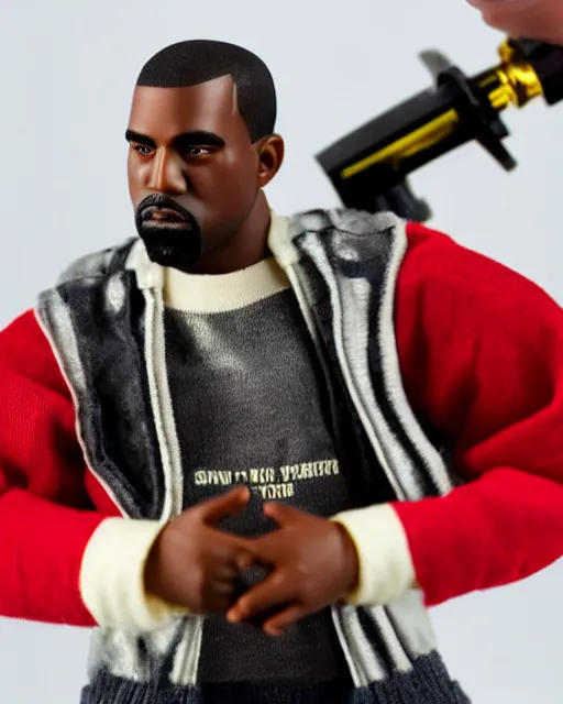 Image similar to 1970s action figure of Kanye West, product photography, plastic toy, white background, isolated background, studio lighting