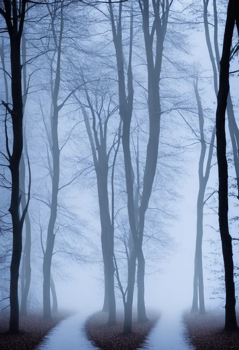 Prompt: eerie photo of a path in the middle of a frozen winter morning spooky forest, treelined, fog, award winning photography, anamorphic lens, f 2. 0, mystical, ultra high definition, ultra detailed,