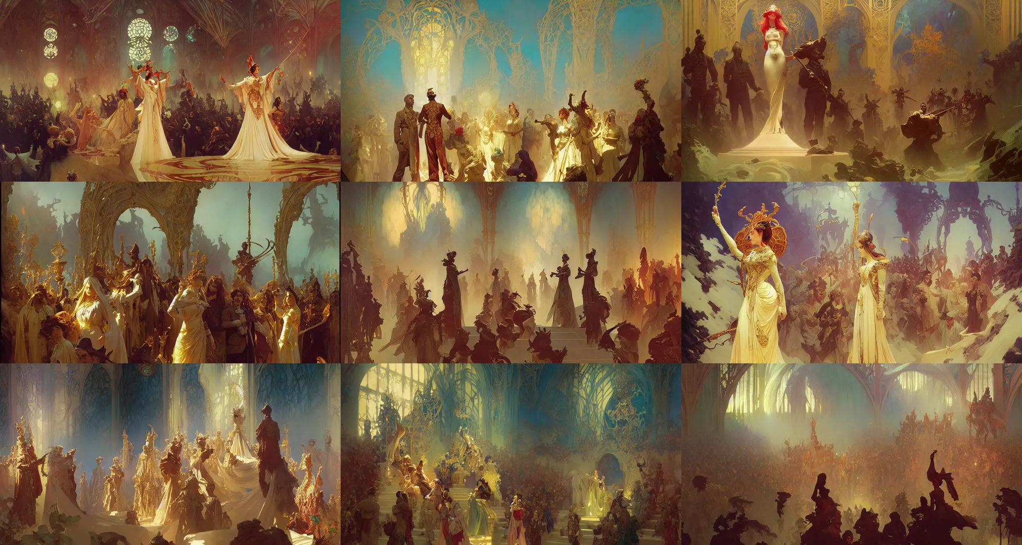 Image similar to coronation ceremony, art nouveau, fantasy, art by joseph leyendecker, peter mohrbacher, ivan aivazovsky, ruan jia, reza afshar, marc simonetti, alphonse mucha