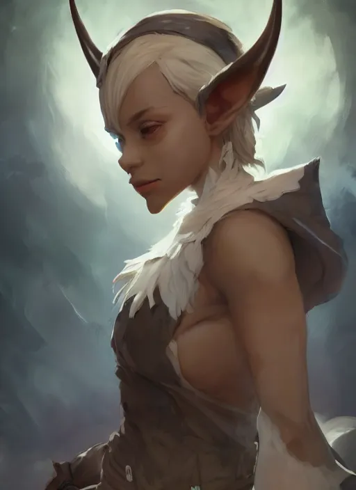 Image similar to concept art painting of a woman with brown skin and short white hair, demon horns, elf ears, full clothing, blue clothes, robes, detailed, cel shaded, in the style of ruan jia and artgerm and makoto shinkai and james gurney