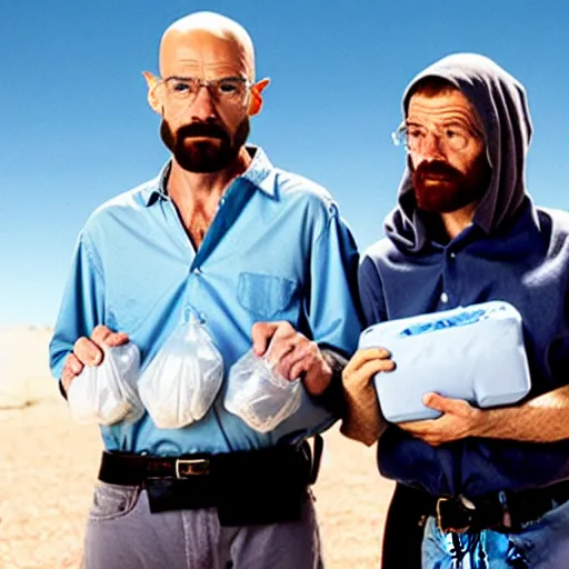 Image similar to Jesus and walter white holding ziploc bags of crystal blue meth, in the desert, film still, 4k, photorealistic, hd