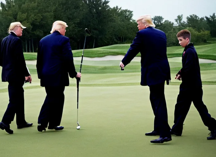 Image similar to Donald Trump with hands behind back taken away by two young FBI agents wearing uniforms at golf course, photo by Alex Webb, photo by James Nachtwey