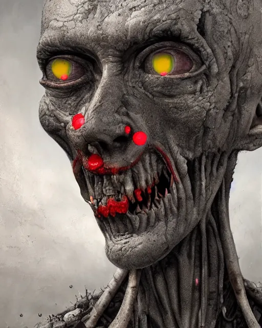 Image similar to Haunting horrifying hyperrealistic detailed painting of a tall slim flesh extraterrestrial creature made of concrete stone brick, covered in, heavy metal, disgusting, creepy, unsettling, and bloodshot eyeballs, hyper detailed, trending on Artstation