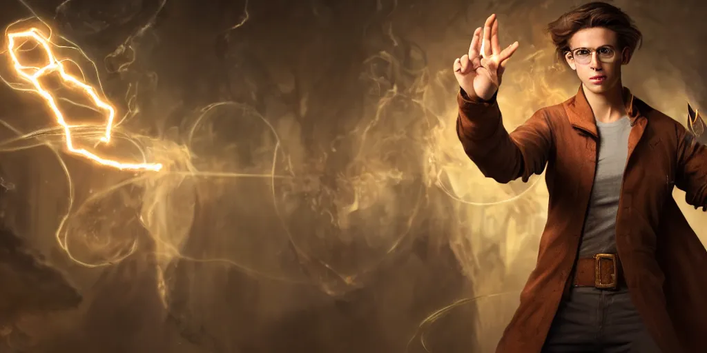 Prompt: action packed scene of a handsome young caucasian male sorcerer with brown hair he is casting a spell that is emanating from his hands he is in a alchemist lab, action pose, medium shot, waist up, digital art, photoreal, 4 k, unreal engine