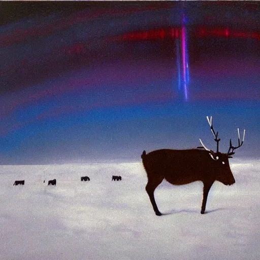 Prompt: the epic abstract painting'blue arctic void with black and red aurora borealis above a large herd of tiny reindeer ', by caspar david friedrich!!!, by rothko!!!, stunning masterpiece, trending on artstation