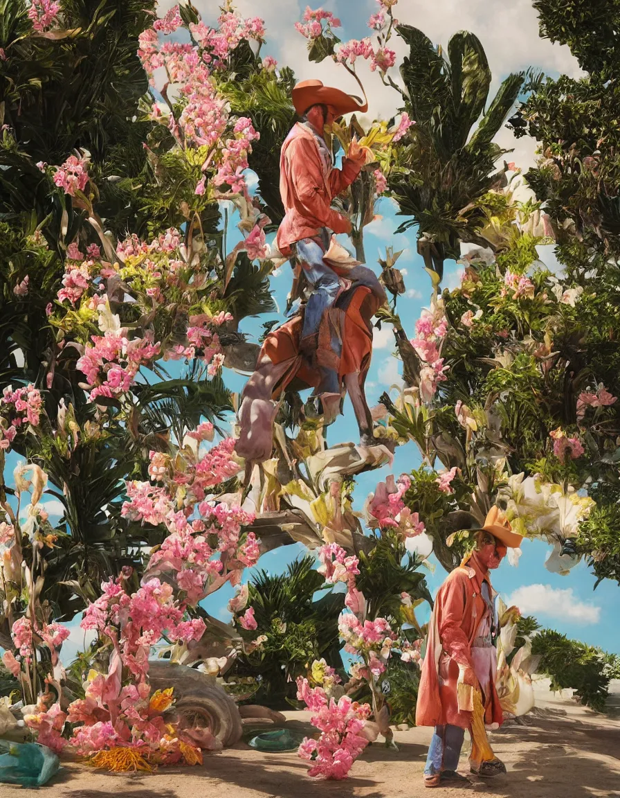 Prompt: a cowboy turning into blooms by slim aarons, by zhang kechun, by lynda benglis. tropical sea slugs, angular sharp tractor tires. complementary bold colors. warm soft volumetric dramatic light. national geographic. 8 k, rendered in octane, smooth gradients. by antonio canova by gian lorenzo bernini.