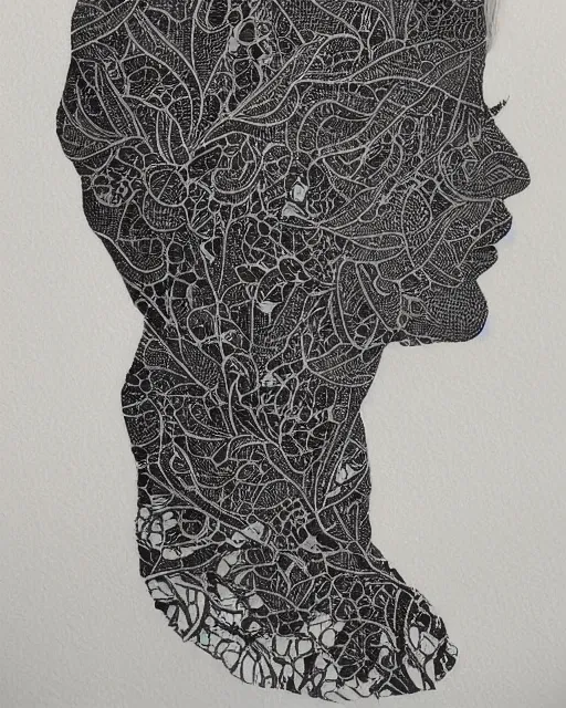 Image similar to a woman's face in profile, made of intricate decorative lace leaves, in the style of casey weldon, dark and moody