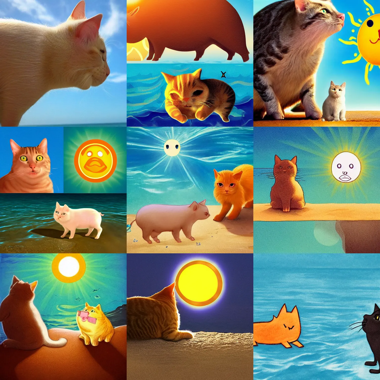 Prompt: a sun pig ( literally a pig that shines in place of the sun ) while a cat is in the sea looking up