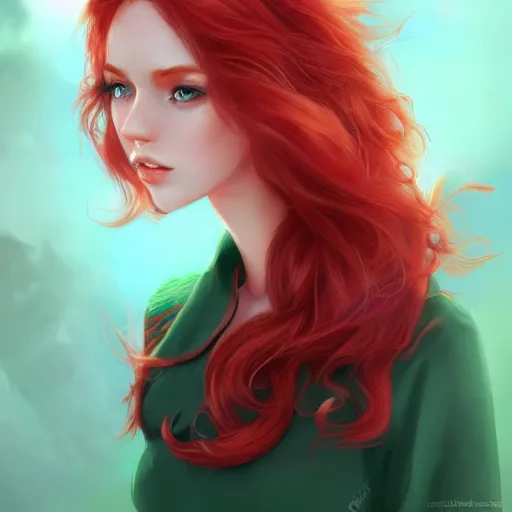 Prompt: beautiful irish lass with red wavy hair and emerald eyes, soft freckles, soft pale skin, wlop, artstation, artgerm