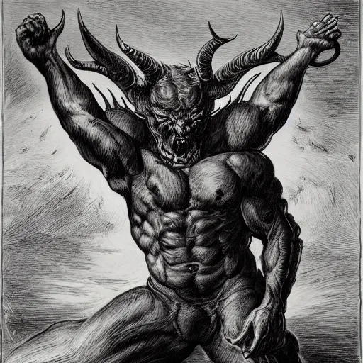 Image similar to full body grayscale drawing by Gustave Dore of muscled humanoid balrog beast with horns in heroic pose, swirling flames in background