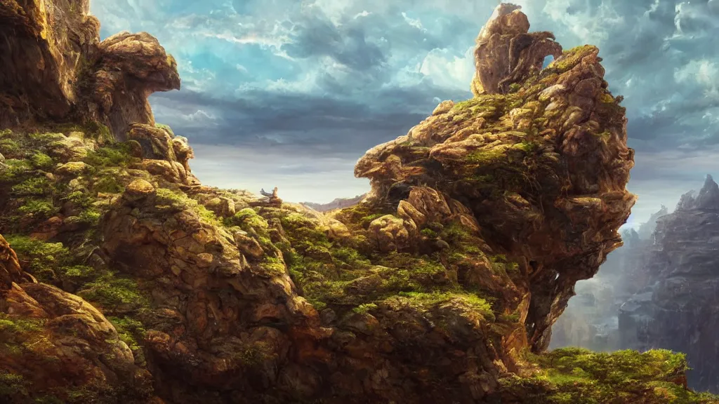 Prompt: a surreal dreamlike scene of the last rock elemental sitting solemnly on a cliff overlooking a vast landscape, extravagant matte painting, highly detailed oil painting, 8k, devastatingly beautiful atmosphere, elegant cinematic fantasy art, overwhelming depth and detail, magic, vibrant colors, intricate masterpiece