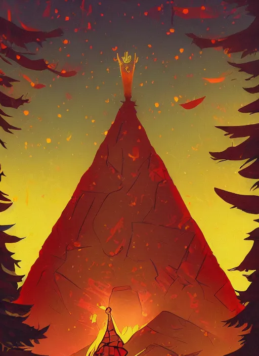 Image similar to Russian bootleg gravity falls poster, dramatic theming, mood lighting, unfortunate, hand painted cartoon art style, brutal, autumn, golden sunset, nostalgia, scenic, with text, 8k, award winning