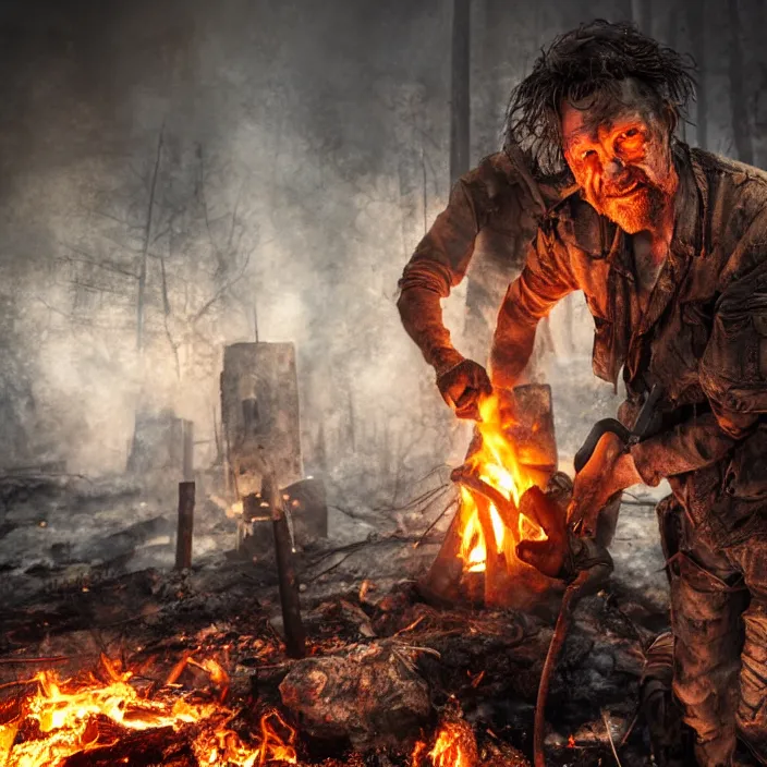 Prompt: gritty apocalyptic man smirking while dumping gas on a camp - fire, octane render, 4 k ultra hd, hyper - detailed, realistic, seedy lighting, sharp focus, fantasy dark art