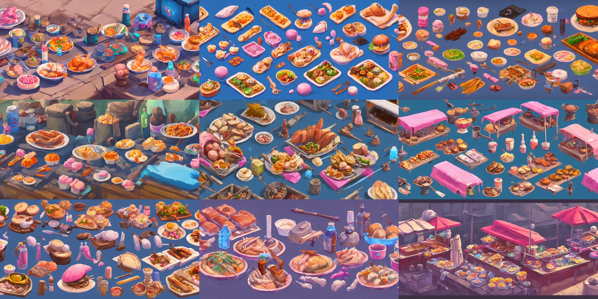 Prompt: game asset of food stall, in gouache detailed paintings, props, stylized, 2 d sprites, kitbash, arcane, overwatch, blue and pink color scheme, 8 k, close up