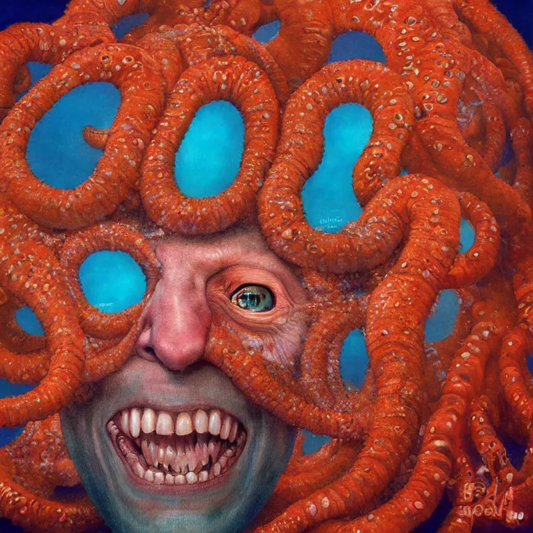 Image similar to Hyperrealistic intensely colored close up studio Photograph portrait of deep sea bioluminescent Senator Rick Scott, symmetrical face realistic proportions eye contact tentacles, Laughing maniacally in a coral reef underwater, award-winning portrait oil painting by Norman Rockwell and Zdzisław Beksiński vivid colors high contrast hyperrealism 8k