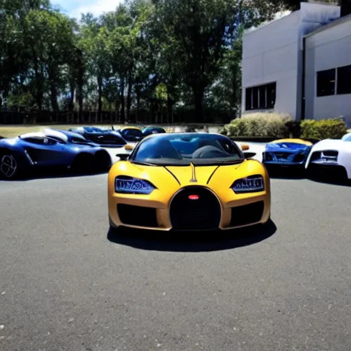 Image similar to an army of andrew tates standing next to a bugatti.