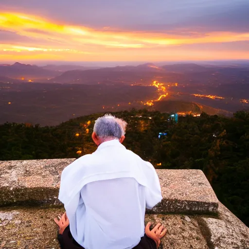 Prompt: An old and friendly looking catholic priest kneeled in prayer at the summit of a tall tower. The night sky is filled with a yellow shadow. 4K photograph, dramatic lighting