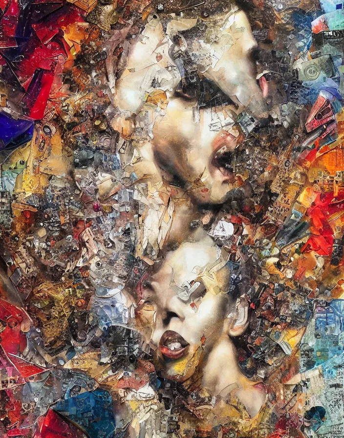 Prompt: heavy celestial orgasm detailed and highly reliefed analogue mixed media collage with canvas texture in style of conteporary art, punk art, hyperrealistic beautiful face, photorealistic, expressionism, masterpiece, perfect composition, spectacular quality, intricate oil details