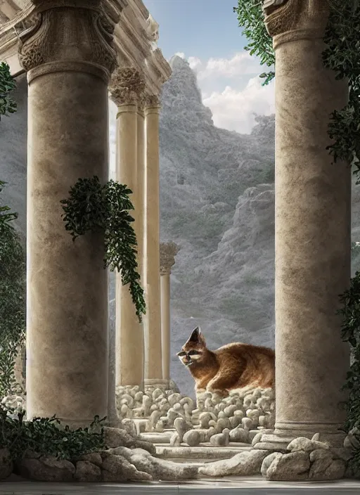 Image similar to hyper realistic fluffy caracal dressed in toga, in ancient greek city, marble columns, temple, olive trees, atmospheric beautiful details, strong composition painted by kim jung giu weta studio rutkowski, james gurney and greg rutkowski, and lucasfilm