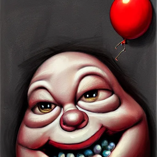 Prompt: surrealism grunge cartoon portrait sketch of chunky with a wide smile and a red balloon by - michael karcz, loony toons style, monsters inc style, horror theme, detailed, elegant, intricate