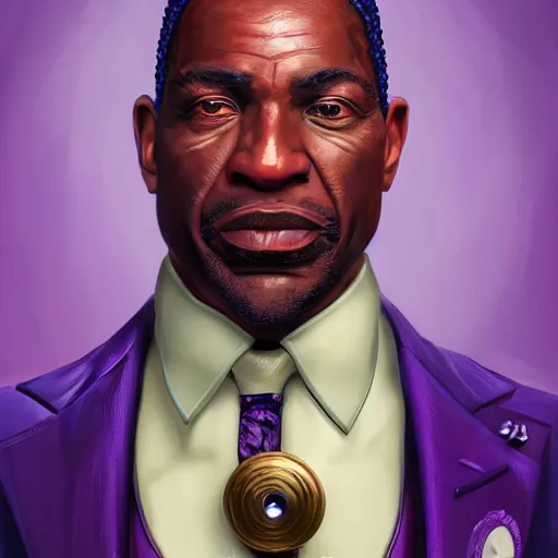 Image similar to a portrait of a muscular older black man with cornrows and a purple suit with a monocle on, D&D, sci-fi, elegant, hopeful, muscular, highly detailed, digital painting, artstation, concept art, smooth, sharp focus, illustration