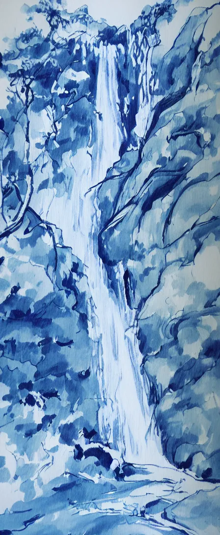 Prompt: an endless waterfall, blue colour splash, painted with a thick brush, detailed sumi-e illustration