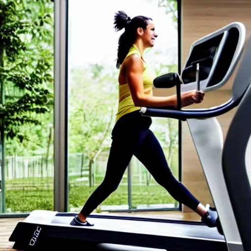 Image similar to A woman walking on a treadmill with her dog walking on a smaller treadmill next to her