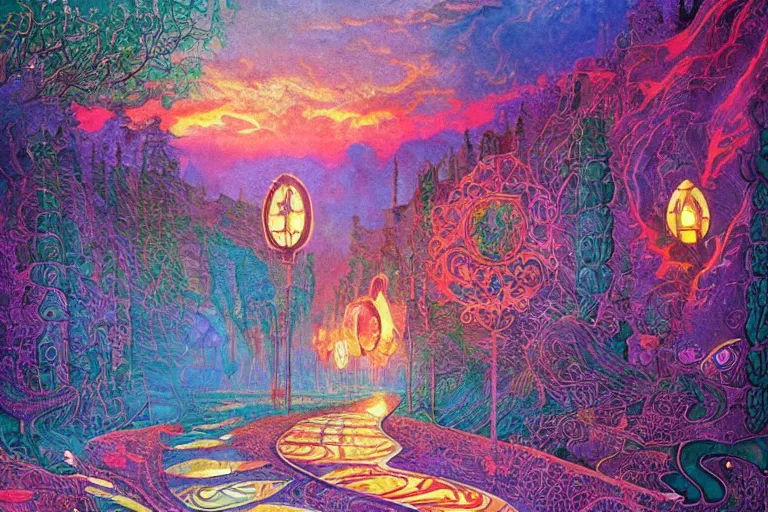 Prompt: The gouache wanderer asked the sage why the road never ends, the sage knew this was the only true enigma, a fantasy sci-fi dreamworld painting in neon geometric inks, art nouveau by Terese Edvard Guay Kinkade