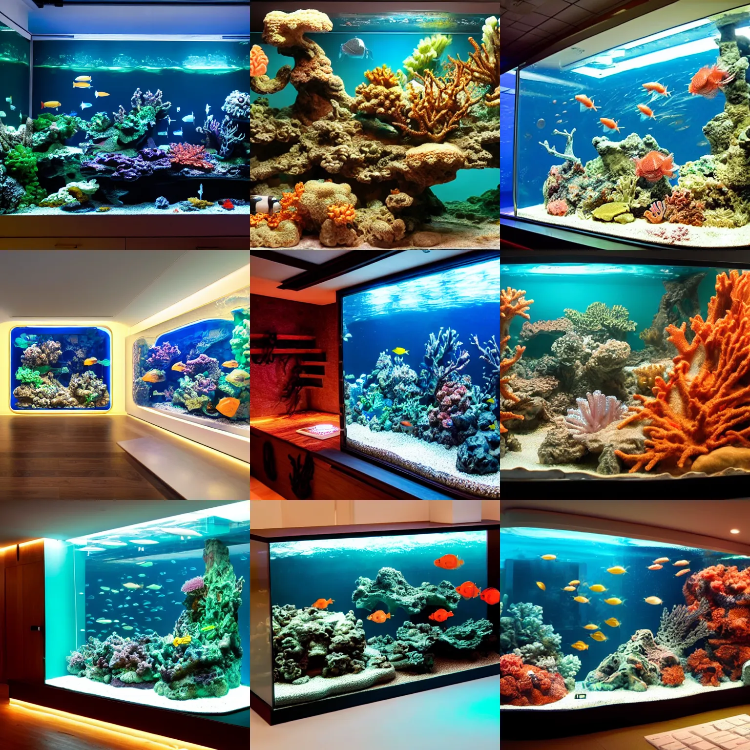 Prompt: a room with a gigantic sea aquarium with a xiphactinus ( killer fish ) coral crabs shelves and a tiny submarine, ambient lighting, highly detailed, cinematic, 8 k by studio ghibli