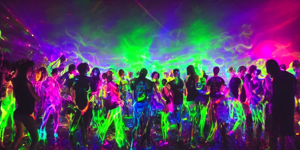 Image similar to love, groups of people with glowing blacklight bodies, from behind, rebirth, beauty, wide angle, elaborate, wet, highly detailed, smoke, steam, rainbow lasers, reflections, vivid colors, beautiful lighting