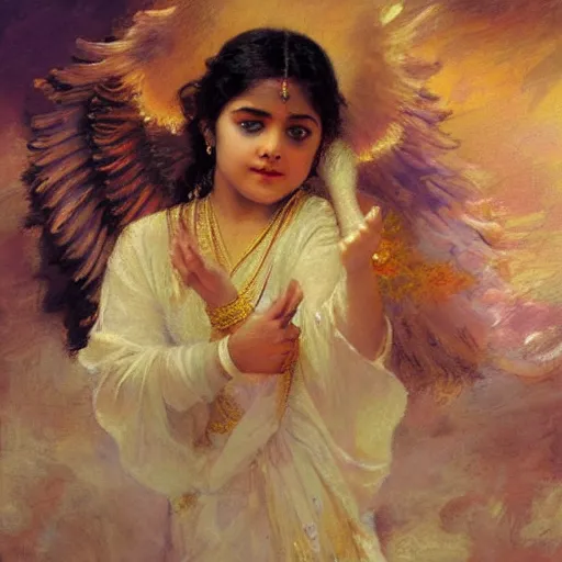 Prompt: detailed portrait of hindu traditional girl with angel wings coming down to earth in baroque painting, girl graceful, eyes closed, painting by gaston bussiere, craig mullins, j. c. leyendecker