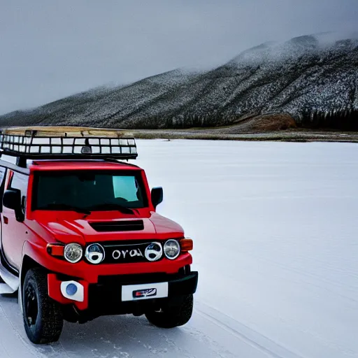 Prompt: a toyota fj cruiser, on an ice road