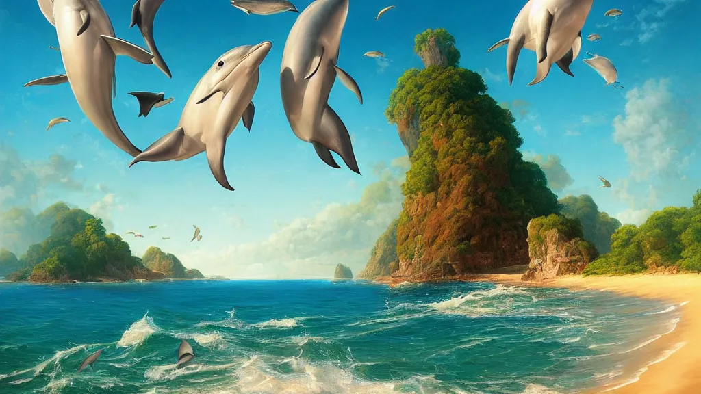 Image similar to sea, summer, clear beautiful sky, bright sky, dolphins jumping, peaceful, amazing, by andreas rocha and john howe, and Martin Johnson Heade, featured on artstation, featured on behance, golden ratio, ultrawide angle, f32, well composed