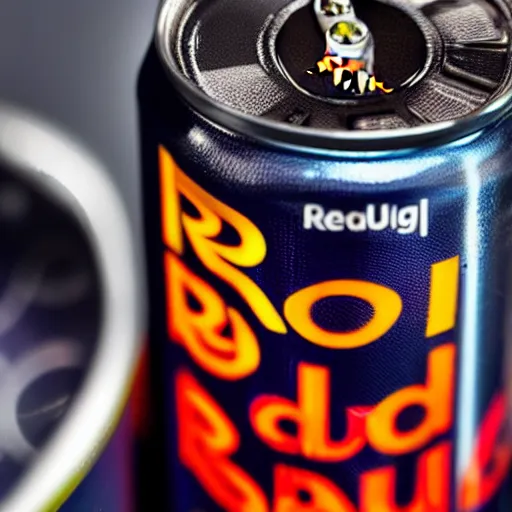 Image similar to a hyper realistic macro photograph of a can of Red Bull energy drink, 8k, 4K, product photography