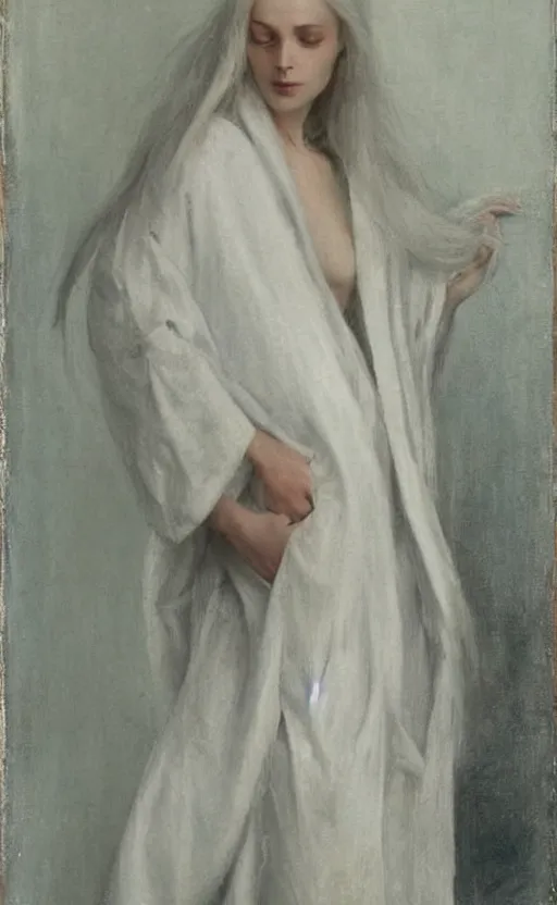 Image similar to say who is this with silver hair so pale and wan! and thin? flowing hair covering front of body, white robe, white dress!! of silver hair, covered!!, clothed!! lucien levy - dhurmer, fernand keller, oil on canvas, 1 8 9 6, 4 k resolution, aesthetic, mystery