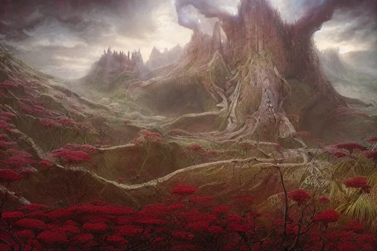 Image similar to Primordial fantasy landscape, A Valley, Gleaming Fortress Himeji Getty Center, Rivendell, overlooks the Garden of Eden, amazing concept painting, by Jessica Rossier by HR giger by Beksinski