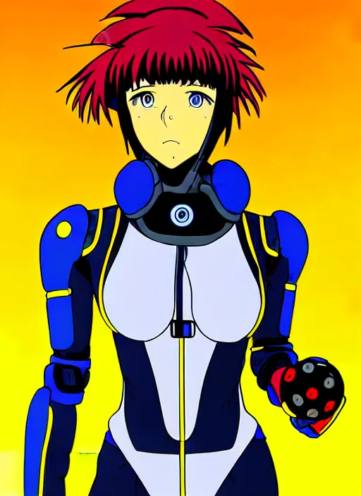 Prompt: Portrait of a female mech pilot in a latex bodysuit, 90s anime, cel-shaded, highly detailed, dramatic background, complementary lighting, poster