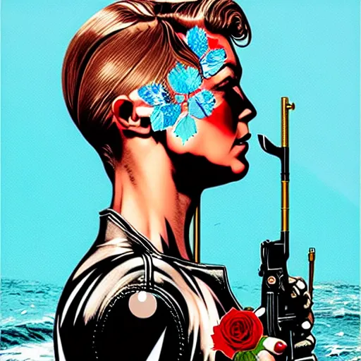 Prompt: portrait of britainwoman :: side profile :: in ocean :: roses and guns metal details :: gold :: blood and horror :: by marvel and Sandra Chevrier