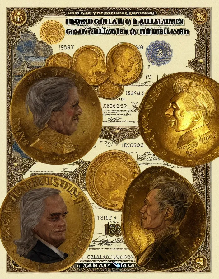 Image similar to dolar bill and gold coins from xix century, highly detailed, digital painting, artstation, concept art, sharp focus, illustration, art by Artgerm, Grafit Studio, and Greg Rutkowski and Craig Mullins