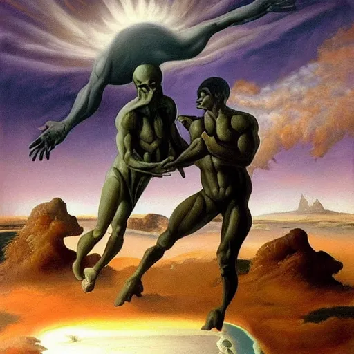 Image similar to masterful oil painting, of god arm wrestling a grey alien in the sky, background of the earth below them