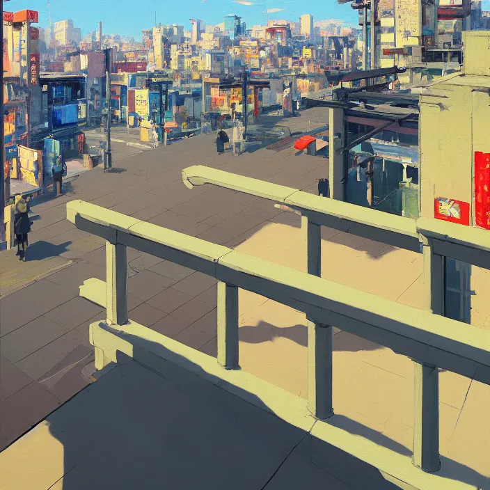 Prompt: top view painting of a stone railing urban japanese city in the background in the style of cowboy bebop, anime style, calm, sunny day, bright, artwork by jeremy lipkin and giuseppe dangelico pino and michael garmash and rob rey and greg manchess and huang guangjian and makoto shinkai, sharp edges, simple form, 1 0 0 mm