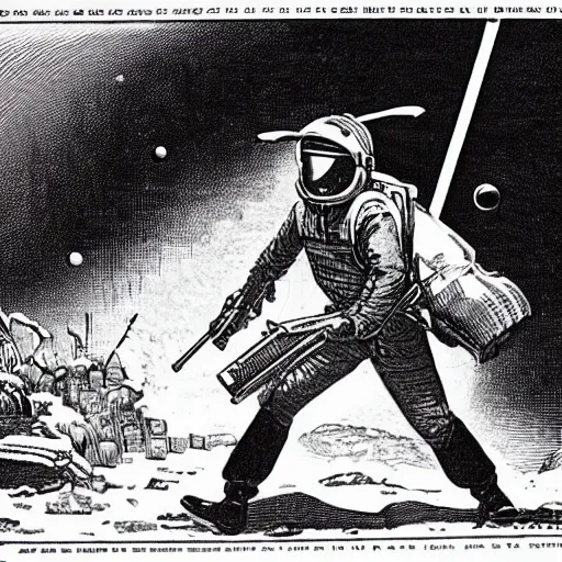 Prompt: 19th century trapper holding a laser rifle, on mars, pulp science fiction illustration