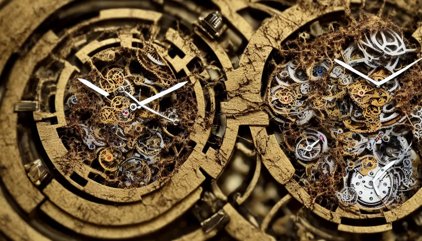 Prompt: detailed view from inside a clockwork watch, entangled roots covered in mushrooms, biomechanics, cracked earth, living spore microorganisms, decaying, rusty, hyper realistic photo, full colour, upscale, 8 k