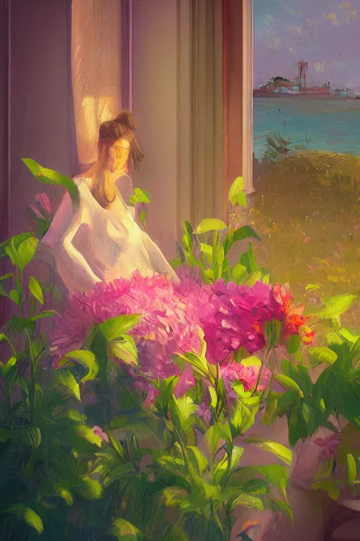 Image similar to closeup, huge flowers as head, woman sitting on lounge chair by a tall window, surreal photography, studio light, impressionist painting, digital painting, artstation, simon stalenhag
