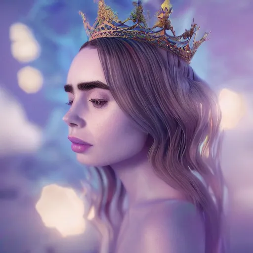 Image similar to a beautiful blonde queen girl lily collins, floating under the deep dream water, beautiful smooth soft light + white petal, oil paint, cinematic lighting, octane render, unreal engine 5, closeup, 4 k, highly detailed, instagram,